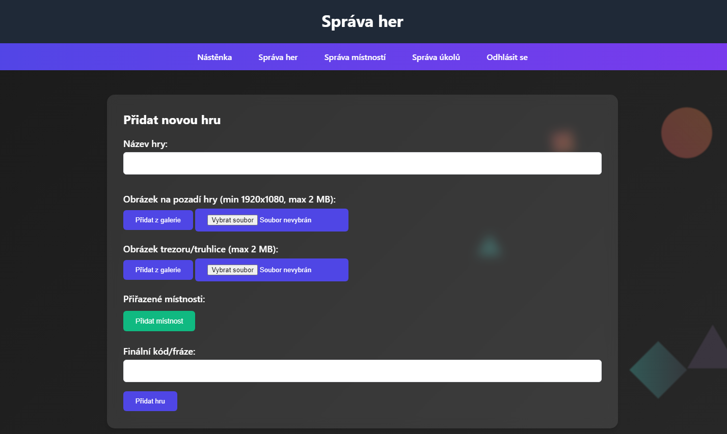 Ukázka administrace hry